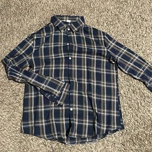 Dark blue with white and gold stripes flannel